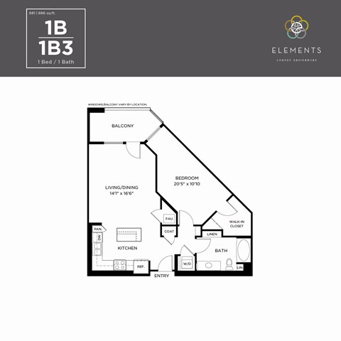 A floor plan for a 1 Bed / 1 Bath apartment at Elements Luxury Apartments.